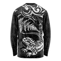 New Zealand Tuatara Tribal Tattoo Long Sleeve Shirt Silver Fern and Maori Pattern Black Color LT03 - Polynesian Pride