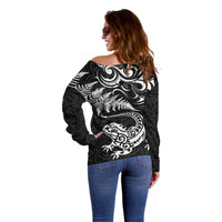 New Zealand Tuatara Tribal Tattoo Off Shoulder Sweater Silver Fern and Maori Pattern Black Color LT03 - Polynesian Pride