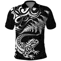 New Zealand Tuatara Tribal Tattoo Polo Shirt Silver Fern and Maori Pattern Black Color LT03 Black - Polynesian Pride