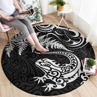 New Zealand Tuatara Tribal Tattoo Round Carpet Silver Fern and Maori Pattern Black Color LT03 - Polynesian Pride