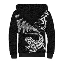 New Zealand Tuatara Tribal Tattoo Sherpa Hoodie Silver Fern and Maori Pattern Black Color LT03 - Polynesian Pride