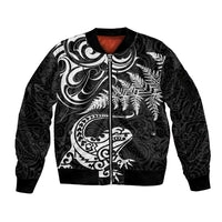 New Zealand Tuatara Tribal Tattoo Sleeve Zip Bomber Jacket Silver Fern and Maori Pattern Black Color LT03 Unisex Black - Polynesian Pride
