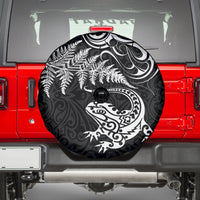 New Zealand Tuatara Tribal Tattoo Spare Tire Cover Silver Fern and Maori Pattern Black Color LT03 - Polynesian Pride