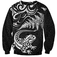 New Zealand Tuatara Tribal Tattoo Sweatshirt Silver Fern and Maori Pattern Black Color LT03 Unisex Black - Polynesian Pride