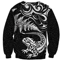 New Zealand Tuatara Tribal Tattoo Sweatshirt Silver Fern and Maori Pattern Black Color LT03 - Polynesian Pride