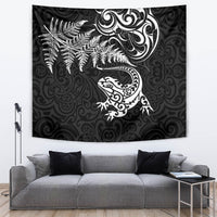 New Zealand Tuatara Tribal Tattoo Tapestry Silver Fern and Maori Pattern Black Color LT03 Black - Polynesian Pride