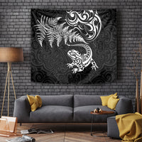 New Zealand Tuatara Tribal Tattoo Tapestry Silver Fern and Maori Pattern Black Color LT03 - Polynesian Pride