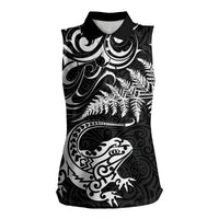 New Zealand Tuatara Tribal Tattoo Women Sleeveless Polo Shirt Silver Fern and Maori Pattern Black Color LT03 Female Black - Polynesian Pride