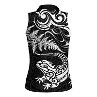 New Zealand Tuatara Tribal Tattoo Women Sleeveless Polo Shirt Silver Fern and Maori Pattern Black Color LT03 - Polynesian Pride