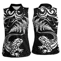 New Zealand Tuatara Tribal Tattoo Women Sleeveless Polo Shirt Silver Fern and Maori Pattern Black Color LT03 - Polynesian Pride