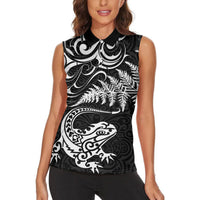 New Zealand Tuatara Tribal Tattoo Women Sleeveless Polo Shirt Silver Fern and Maori Pattern Black Color LT03 - Polynesian Pride