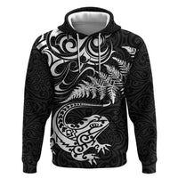 New Zealand Tuatara Tribal Tattoo Zip Hoodie Silver Fern and Maori Pattern Black Color LT03 Pullover Hoodie Black - Polynesian Pride