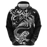 New Zealand Tuatara Tribal Tattoo Zip Hoodie Silver Fern and Maori Pattern Black Color LT03 - Polynesian Pride