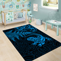 New Zealand Tuatara Tribal Tattoo Area Rug Silver Fern and Maori Pattern Blue Color LT03 - Polynesian Pride