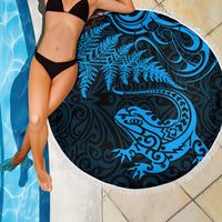 New Zealand Tuatara Tribal Tattoo Beach Blanket Silver Fern and Maori Pattern Blue Color LT03 - Polynesian Pride