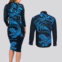 New Zealand Tuatara Tribal Tattoo Couples Matching Long Sleeve Bodycon Dress and Long Sleeve Button Shirt Silver Fern and Maori Pattern Blue Color LT03 - Polynesian Pride