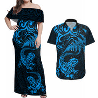 New Zealand Tuatara Tribal Tattoo Couples Matching Off Shoulder Maxi Dress and Hawaiian Shirt Silver Fern and Maori Pattern Blue Color LT03 Blue - Polynesian Pride