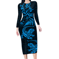 New Zealand Tuatara Tribal Tattoo Family Matching Long Sleeve Bodycon Dress and Hawaiian Shirt Silver Fern and Maori Pattern Blue Color LT03 Mom's Dress Blue - Polynesian Pride