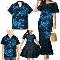 New Zealand Tuatara Tribal Tattoo Family Matching Mermaid Dress and Hawaiian Shirt Silver Fern and Maori Pattern Blue Color LT03 - Polynesian Pride