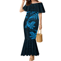New Zealand Tuatara Tribal Tattoo Family Matching Mermaid Dress and Hawaiian Shirt Silver Fern and Maori Pattern Blue Color LT03 Mom's Dress Blue - Polynesian Pride