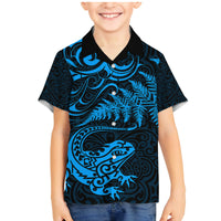 New Zealand Tuatara Tribal Tattoo Family Matching Mermaid Dress and Hawaiian Shirt Silver Fern and Maori Pattern Blue Color LT03 Son's Shirt Blue - Polynesian Pride