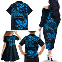New Zealand Tuatara Tribal Tattoo Family Matching Off The Shoulder Long Sleeve Dress and Hawaiian Shirt Silver Fern and Maori Pattern Blue Color LT03 - Polynesian Pride