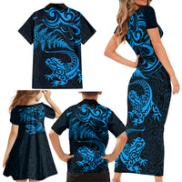 New Zealand Tuatara Tribal Tattoo Family Matching Short Sleeve Bodycon Dress and Hawaiian Shirt Silver Fern and Maori Pattern Blue Color LT03 - Polynesian Pride