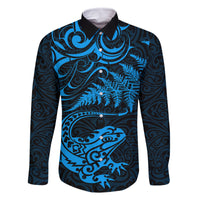 New Zealand Tuatara Tribal Tattoo Family Matching Summer Maxi Dress and Hawaiian Shirt Silver Fern and Maori Pattern Blue Color LT03 Dad's Shirt - Long Sleeve Blue - Polynesian Pride