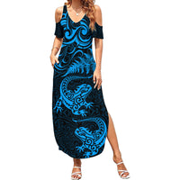 New Zealand Tuatara Tribal Tattoo Family Matching Summer Maxi Dress and Hawaiian Shirt Silver Fern and Maori Pattern Blue Color LT03 Mom's Dress Blue - Polynesian Pride