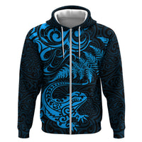 New Zealand Tuatara Tribal Tattoo Hoodie Silver Fern and Maori Pattern Blue Color LT03 Zip Hoodie Blue - Polynesian Pride