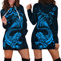 New Zealand Tuatara Tribal Tattoo Hoodie Dress Silver Fern and Maori Pattern Blue Color LT03 - Polynesian Pride