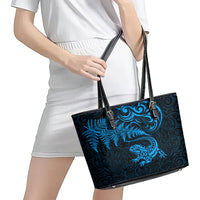 New Zealand Tuatara Tribal Tattoo Leather Tote Bag Silver Fern and Maori Pattern Blue Color LT03 - Polynesian Pride