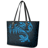 New Zealand Tuatara Tribal Tattoo Leather Tote Bag Silver Fern and Maori Pattern Blue Color LT03 - Polynesian Pride