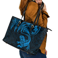 New Zealand Tuatara Tribal Tattoo Leather Tote Bag Silver Fern and Maori Pattern Blue Color LT03 - Polynesian Pride