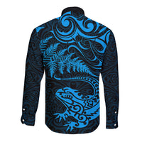 New Zealand Tuatara Tribal Tattoo Long Sleeve Button Shirt Silver Fern and Maori Pattern Blue Color LT03 - Polynesian Pride