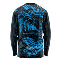 New Zealand Tuatara Tribal Tattoo Long Sleeve Shirt Silver Fern and Maori Pattern Blue Color LT03 - Polynesian Pride