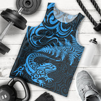 New Zealand Tuatara Tribal Tattoo Men Tank Top Silver Fern and Maori Pattern Blue Color LT03 - Polynesian Pride