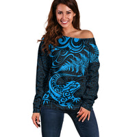 New Zealand Tuatara Tribal Tattoo Off Shoulder Sweater Silver Fern and Maori Pattern Blue Color LT03 Women Blue - Polynesian Pride