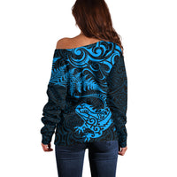 New Zealand Tuatara Tribal Tattoo Off Shoulder Sweater Silver Fern and Maori Pattern Blue Color LT03 - Polynesian Pride