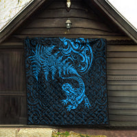 New Zealand Tuatara Tribal Tattoo Quilt Silver Fern and Maori Pattern Blue Color LT03 - Polynesian Pride