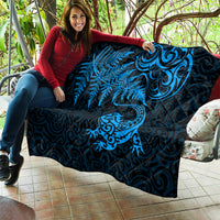 New Zealand Tuatara Tribal Tattoo Quilt Silver Fern and Maori Pattern Blue Color LT03 - Polynesian Pride