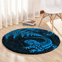 New Zealand Tuatara Tribal Tattoo Round Carpet Silver Fern and Maori Pattern Blue Color LT03 - Polynesian Pride