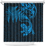 New Zealand Tuatara Tribal Tattoo Shower Curtain Silver Fern and Maori Pattern Blue Color LT03 Blue - Polynesian Pride