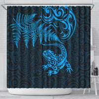 New Zealand Tuatara Tribal Tattoo Shower Curtain Silver Fern and Maori Pattern Blue Color LT03 - Polynesian Pride