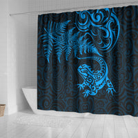 New Zealand Tuatara Tribal Tattoo Shower Curtain Silver Fern and Maori Pattern Blue Color LT03 - Polynesian Pride