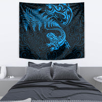 New Zealand Tuatara Tribal Tattoo Tapestry Silver Fern and Maori Pattern Blue Color LT03 - Polynesian Pride