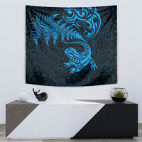 New Zealand Tuatara Tribal Tattoo Tapestry Silver Fern and Maori Pattern Blue Color LT03 - Polynesian Pride