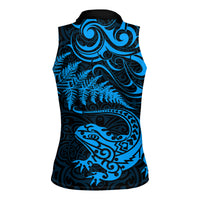 New Zealand Tuatara Tribal Tattoo Women Sleeveless Polo Shirt Silver Fern and Maori Pattern Blue Color LT03 - Polynesian Pride