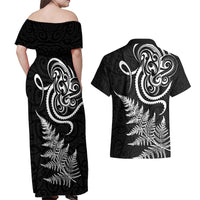 New Zealand Octopus Tattoo and Fern Couples Matching Off Shoulder Maxi Dress and Hawaiian Shirt Maori Pattern LT03 - Polynesian Pride