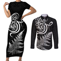 New Zealand Octopus Tattoo and Fern Couples Matching Short Sleeve Bodycon Dress and Long Sleeve Button Shirt Maori Pattern LT03 Black - Polynesian Pride